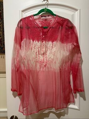 Lafayette 148 Sheer Pink Embroidered Beaded Women's Tunic Top W/tank top Sz 4